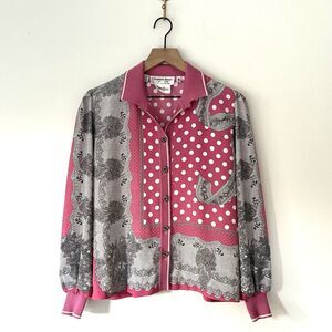 80s Robert Janan Scarf Print Blouse Top Pink Mauve Gold Knot Button Classic Sm